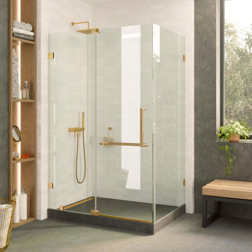 Fine Fixtures Frameless Square Shower Enclosure With Adjustable Door - 42" X 30" - Satin Brass - SDK4230SB