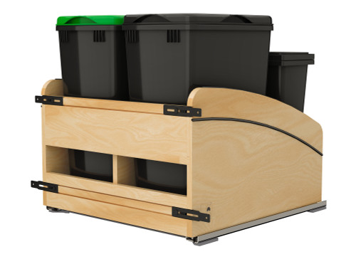 Rev-A-Shelf Craftsman Collection Double Black 32 Qt. Solid Maple Bottom Mount Pullout Waste Container w/ Black Accents, (2) 32 Qt. Lids, (2) 8 L Compost Bins/Lids and BLUM Soft-Close Slides for 24" Base Cabinets - 4WCCC-2432DM-418MB