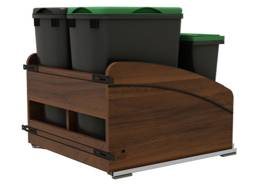 Rev-A-Shelf Craftsman Collection Double Black 32 Qt. Solid Walnut Bottom Mount Pullout Waste Container w/ Black Accents, (2) 32 Qt. Lids, (2) 8 L Compost Bins/Lids and BLUM Soft-Close Slides for 24" Base Cabinets - 4WCCC-WN-2432DM-418MB