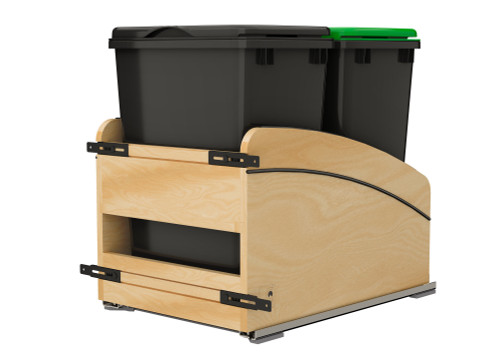 Rev-A-Shelf Craftsman Collection Double Black 35 Qt. Solid Maple Bottom Mount Pullout Waste Container w/ Black Accents, (2) Lids and BLUM Soft-Close Slides for 18" Base Cabinets - 4WCCC-1835DM-218MB