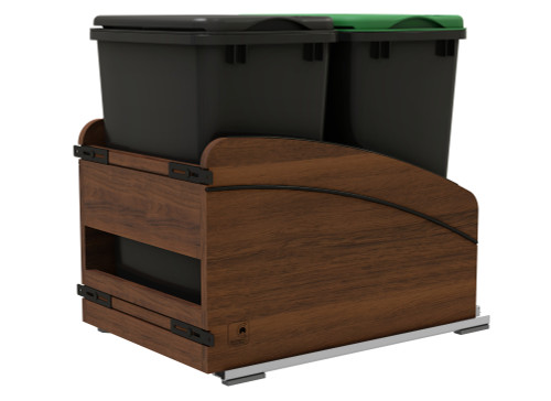 Rev-A-Shelf Craftsman Collection Double Black 35 Qt. Solid Walnut Bottom Mount Pullout Waste Container w/ Black Accents, (2) Lids and BLUM Soft-Close Slides for 18" Base Cabinets - 4WCCC-WN-1835DM-218MB