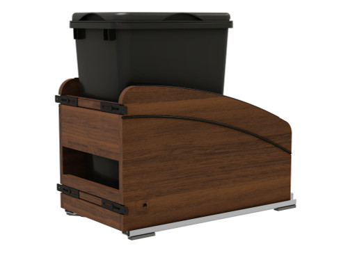 Rev-A-Shelf Craftsman Collection Single Black 35 Qt. Solid Walnut Bottom Mount Pullout Waste Container w/ Black Accents, (1) Lid and BLUM Soft-Close Slides for 15" Base Cabinets - 4WCCC-WN-1535DM-118MB