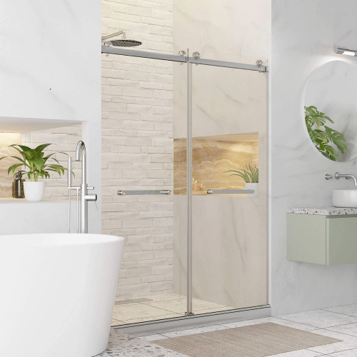 Fine Fixtures Frameless Double Sliding Shower Door - 54" x 80", Satin Nickel - SDM54SN