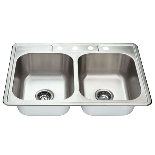 Fine Fixtures 33" x 22" x 8" - 20 Gauge Top Mount Double Bowl Stainless Steel Kitchen Sink - Four Hole - S452