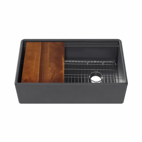 Whitehaus 33" Front Apron Single Bowl Fireclay Workstation Kitchen Sinks With Walnut Wood Cutting Board And Stainless Steel Grid, Dark Gray