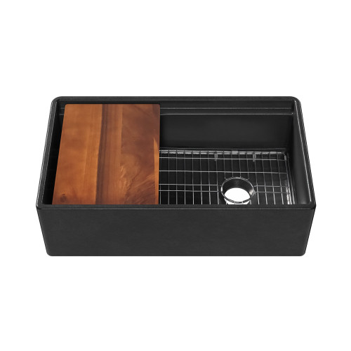 Whitehaus 33" Front Apron Single Bowl Fireclay Workstation Kitchen Sinks With Walnut Wood Cutting Board And Stainless Steel Grid, Matte Black