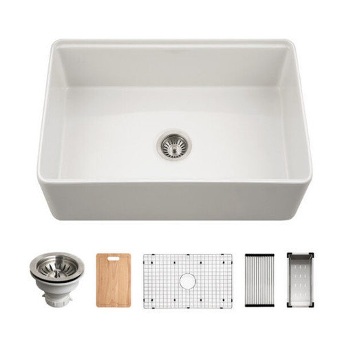 HamatUSA Kilncrest 30" Apron-Front Fireclay Workstation Single Bowl Kitchen Sink, White