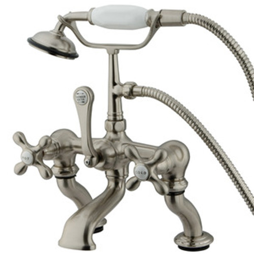 Kingston Brass Adjustable 3-3/8" - 10" Center Deck Mount Clawfoot Tub Filler Faucet with Hand Shower - Satin Nickel CC415T8