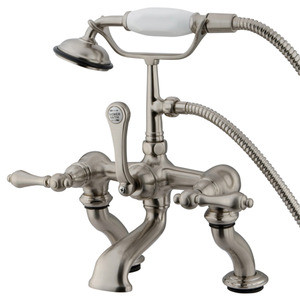 Kingston Brass Adjustable 3-3/8" - 10" Center Deck Mount Clawfoot Tub Filler Faucet with Hand Shower - Brushed Nickel