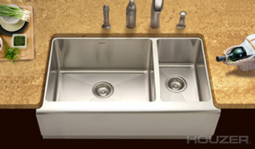 Hamat HUDSON Farmhouse 60/40 Double Bowl 33" x 20" Kitchen Sink - Stainless Steel