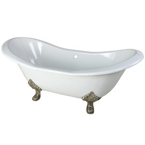 Kingston Brass 72" Cast Iron Double Slipper Clawfoot Bathtub & w/o Faucet Drillings - White With Satin Nickel Tub Feet - VCTND7231NC8