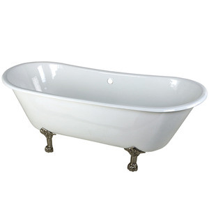 Kingston Brass 67" Cast Iron Double Slipper Clawfoot Bathtub & w/o Faucet Drillings - White With Brushed Nickel Tub Feet - VCTND6728NH8