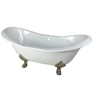 Kingston Brass 72" Cast Iron Double Slipper Clawfoot Bathtub & 7" Centers Faucet Drillings - White With Satin Nickel Tub Feet - VCT7D7231NC8