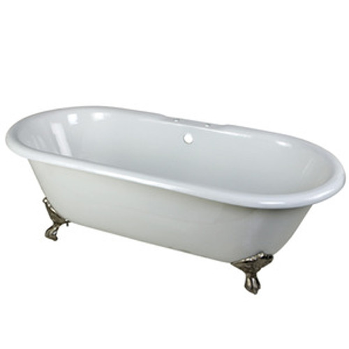 Kingston Brass 66" Cast Iron Double Ended Clawfoot Bathtub & 7" Centers Faucet Drillings - White With Satin Nickel Tub Feet