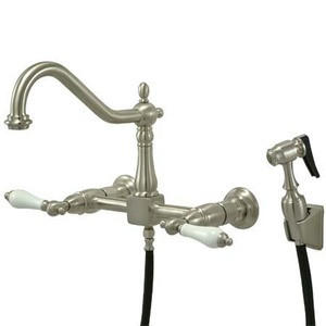Kingston Brass Two Handle Widespread Wall Mount Kitchen Faucet & Side Spray - Brushed Nickel KS1248PLBS