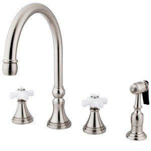 Kingston Brass Two Handle Widespread Kitchen Faucet & Brass Side Spray - Satin Nickel KS2798PXBS