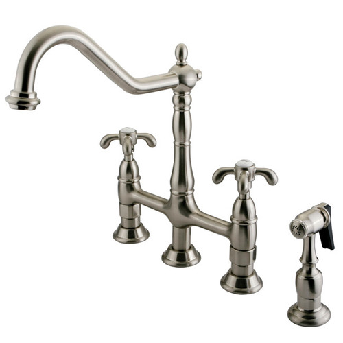 Kingston Brass Two Handle Widespread Kitchen Faucet & Brass Side Spray - Brushed Nickel KS1278TXBS