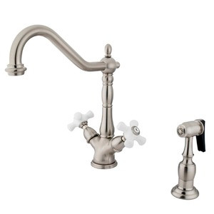 Kingston Brass Two Handle Single Hole Kitchen Faucet & Side Spray - Brushed Nickel KS1238PXBS