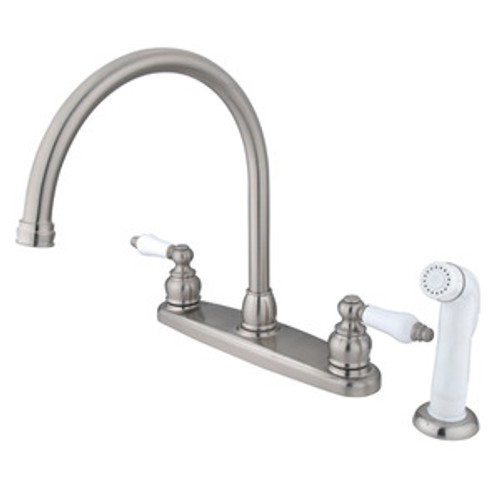 Kingston Brass Two Handle Goose Neck Kitchen Faucet Faucet & White Side Spray - Satin Nickel