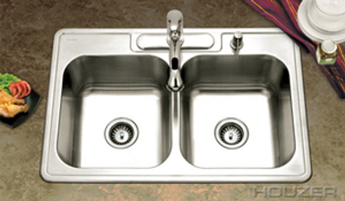 Hamat REVIVE 33" x 22" 50/50 Double Bowl Top Mount Kitchen Sink - Three Holes - Stainless Steel