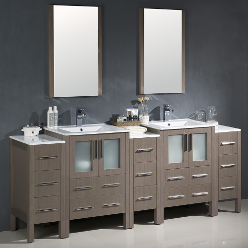 Fresca FVN62-72GO-UNS Torino Espresso Double Sink Bathroom Vanity & 3 Side Cabinets & Integrated Sinks & Faucets 84" W - Gray Oak