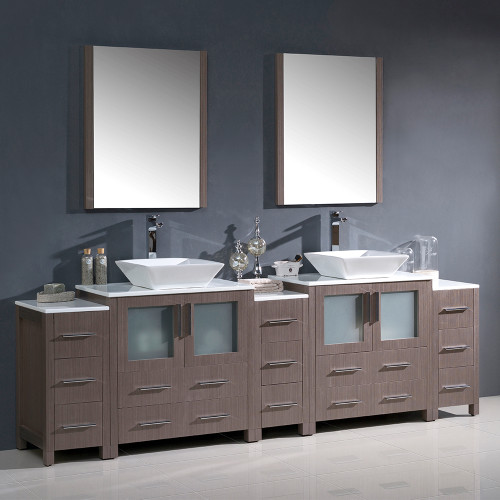 Fresca FVN62-96GO-VSL Torino Double Sink Bathroom Vanity with 3 Side Cabinets & Vessel Sinks & Faucets 96" W - Gray Oak