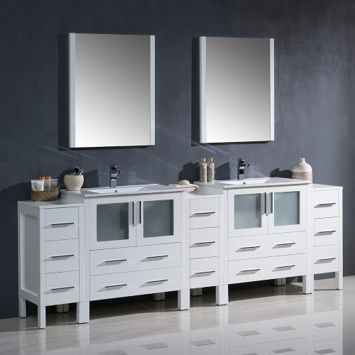 Fresca FVN62-96WH-UNS Torino Double Sink Bathroom Vanity & 3 Side Cabinets & Integrated Sinks & Faucets 96" W - White