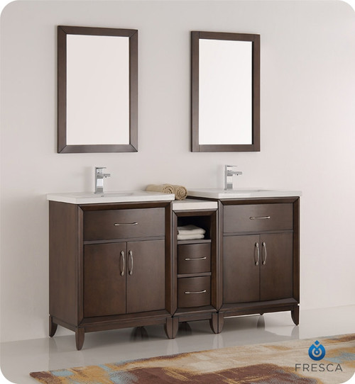 Fresca FVN21-241224AC Cambridge 60" Antique Coffee Double Sink Traditional Bathroom Vanity w/ Mirrors