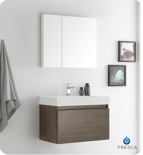 Fresca FVN8007GO Mezzo 30" Gray Oak Wall Hung Modern Bathroom Vanity w/ Medicine Cabinet