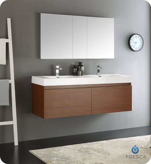 Fresca FVN8042TK Mezzo 60" Teak Wall Hung Double Sink Modern Bathroom Vanity w/ Medicine Cabinet