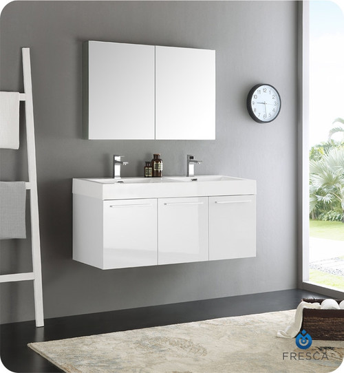 Fresca FVN8092WH-D Vista 48" White Wall Hung Double Sink Modern Bathroom Vanity w/ Medicine Cabinet Fresca FVN8092WH-D Vista 48" White Wall Hung Double Sink Modern Bathroom Vanity w/ Medicine Cabinet