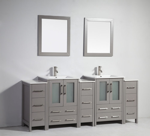 Vanity Art 84 Inch Double Sink Vanity Cabinet with Ceramic Sink & Mirror - Grey - VA3024-84G