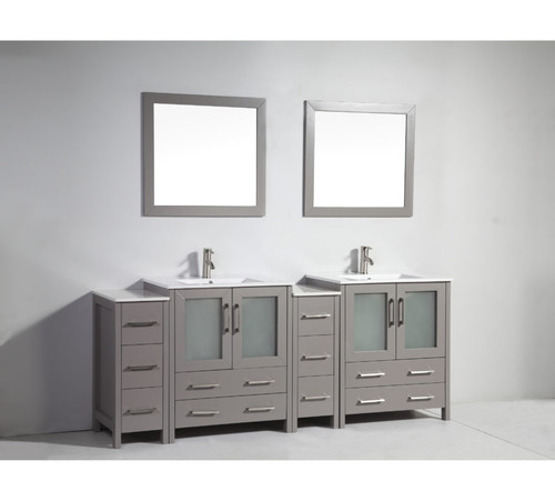 Vanity Art 84 Inch Double Sink Vanity Cabinet with Ceramic Sink & Mirror - Grey - VA3030-84G