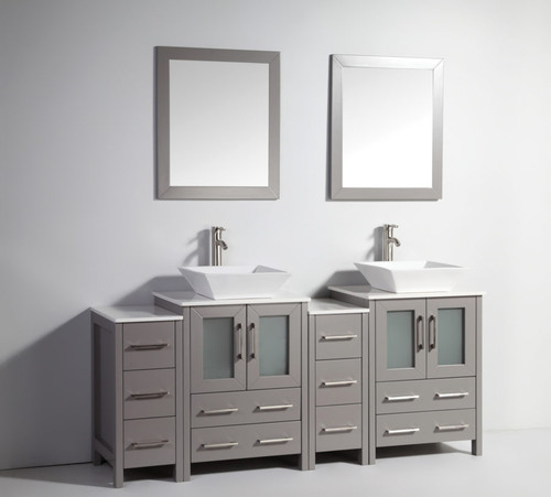 Vanity Art VA3124-72G 72 Inch Double Sink Vanity Cabinet with Ceramic Vessel Sink & Mirror - Grey