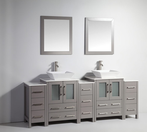 Vanity Art 84 Inch Double Sink Vanity Cabinet with Ceramic Vessel Sink & Mirror - Grey - VA3124-84G