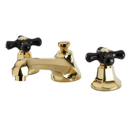Kingston Brass Two Handle Widespread Lavatory Faucet With Black Porcelain Cross Handle - Polished Brass KS4462PKX
