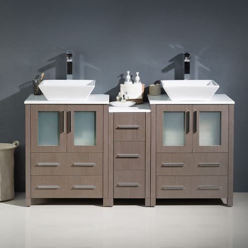 Fresca FCB62-241224GO-CWH-V Fresca Torino 60" Gray Oak Modern Double Sink Bathroom Cabinets w/ Tops & Vessel Sinks