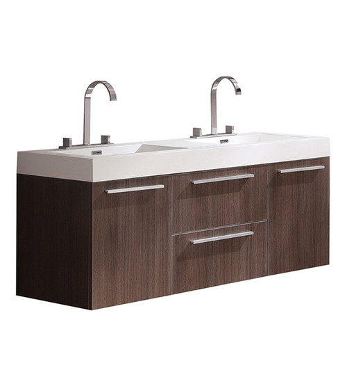 FCB8013GO-I Fresca Opulento Gray Oak 54" Wall Mount Double Sink Bathroom Cabinet w/ Integrated Sinks