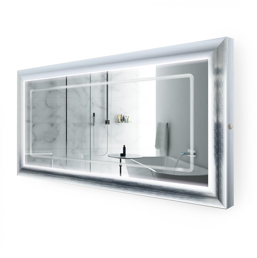 LED Lighted Silver Frame Bathroom Mirror with Defogger - 60 " x 30 " Elsie by Krugg