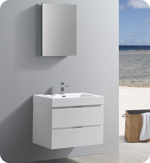 Fresca Senza Valencia 30" Glossy White Wall Hung  Bathroom Vanity w/ Medicine Cabinet
