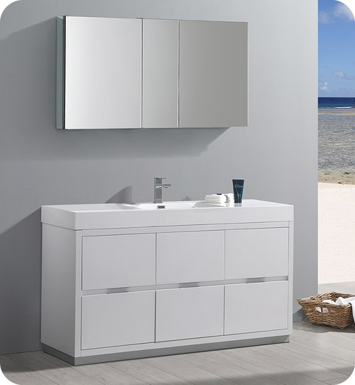 Fresca Senza Valencia 60" Glossy White Free Standing  Bathroom Vanity w/ Medicine Cabinet