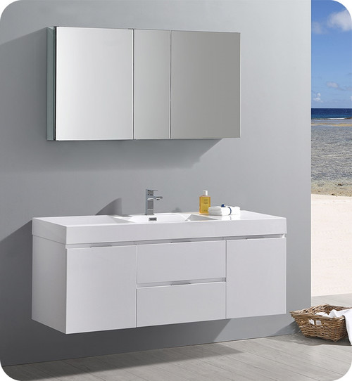 Fresca Senza Valencia 60" Glossy White Wall Hung  Bathroom Vanity w/ Medicine Cabinet