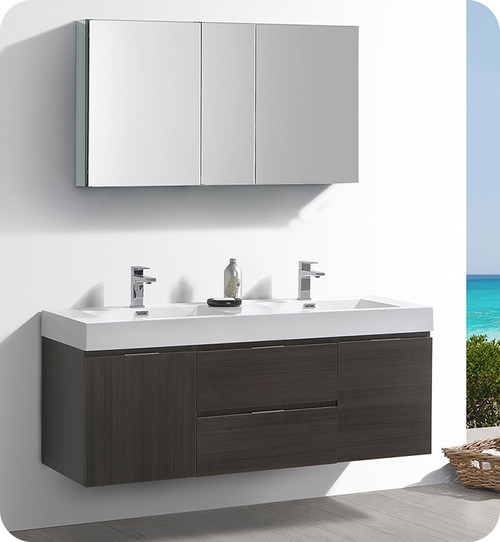 Fresca Senza Valencia 60" Gray Oak Wall Hung Double Sink  Bathroom Vanity w/ Medicine Cabinet