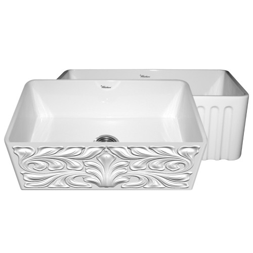 Whitehaus WHFLGO3018-WHITE Farmhaus Fireclay Reversible Sink with Gothichaus Swirl Design or Fluted Front Apron - White