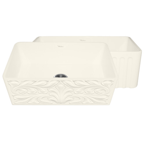 Whitehaus WHFLGO3018-BISCUIT Farmhaus Fireclay Reversible Sink with Gothichaus Swirl Design or Fluted Front Apron - Biscuit