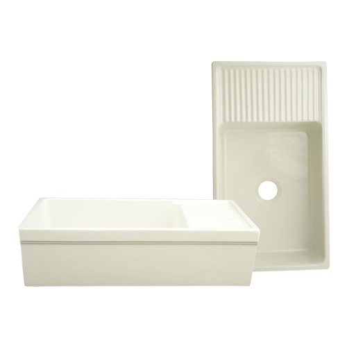Whitehaus WHQD540-BISCUIT Farmhaus Fireclay Quatro Alcove Large Reversible Sink with Integral Drainboard and Decorative 2 1/2 in. Lip on Both Sides - Biscuit