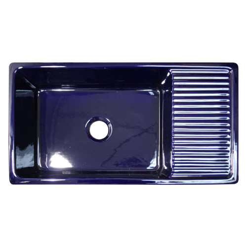 Whitehaus WHQD540-BLUE Farmhaus Fireclay Quatro Alcove Large Reversible Sink with Integral Drainboard and Decorative 2 1/2 in. Lip on Both Sides - Sapphire Blue - 36 inch