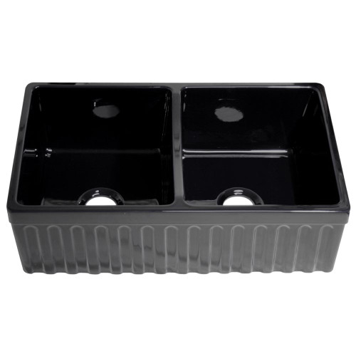 Whitehaus WHQDB332-BLACK Farmhaus Fireclay Quatro Alcove Reversible Double Bowl Sink with Fluted Front Apron and 2 1/2 in. or 2 in. Lip - Black - 33 inch