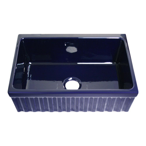 Whitehaus WHQ330-BLUE Farmhaus Fireclay Quatro Alcove Reversible Sink with Fluted Front Apron and Decorative 2 1/2 in.  or 2 in. Lip - Sapphire Blue - 30 inch