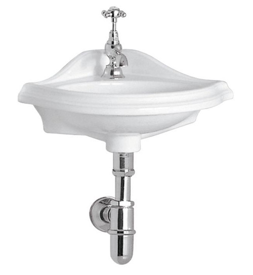 Whitehaus AR036-C Isabella Corner Wall Mount Sink with Oval Bowl, Backsplash, Decorative Trim Overflow and Single Hole Faucet Drilling - White - 17 inch
